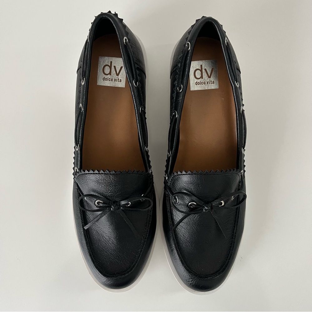 DOLCE VITA Lagoon Block Heeled Faux Leather Boat Shoe Loafer in Black NEW - Picture 5 of 13